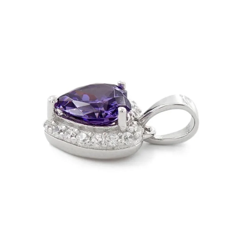 New Sterling Silver Heart Shape Amethyst CZ Pendant Charm Necklace